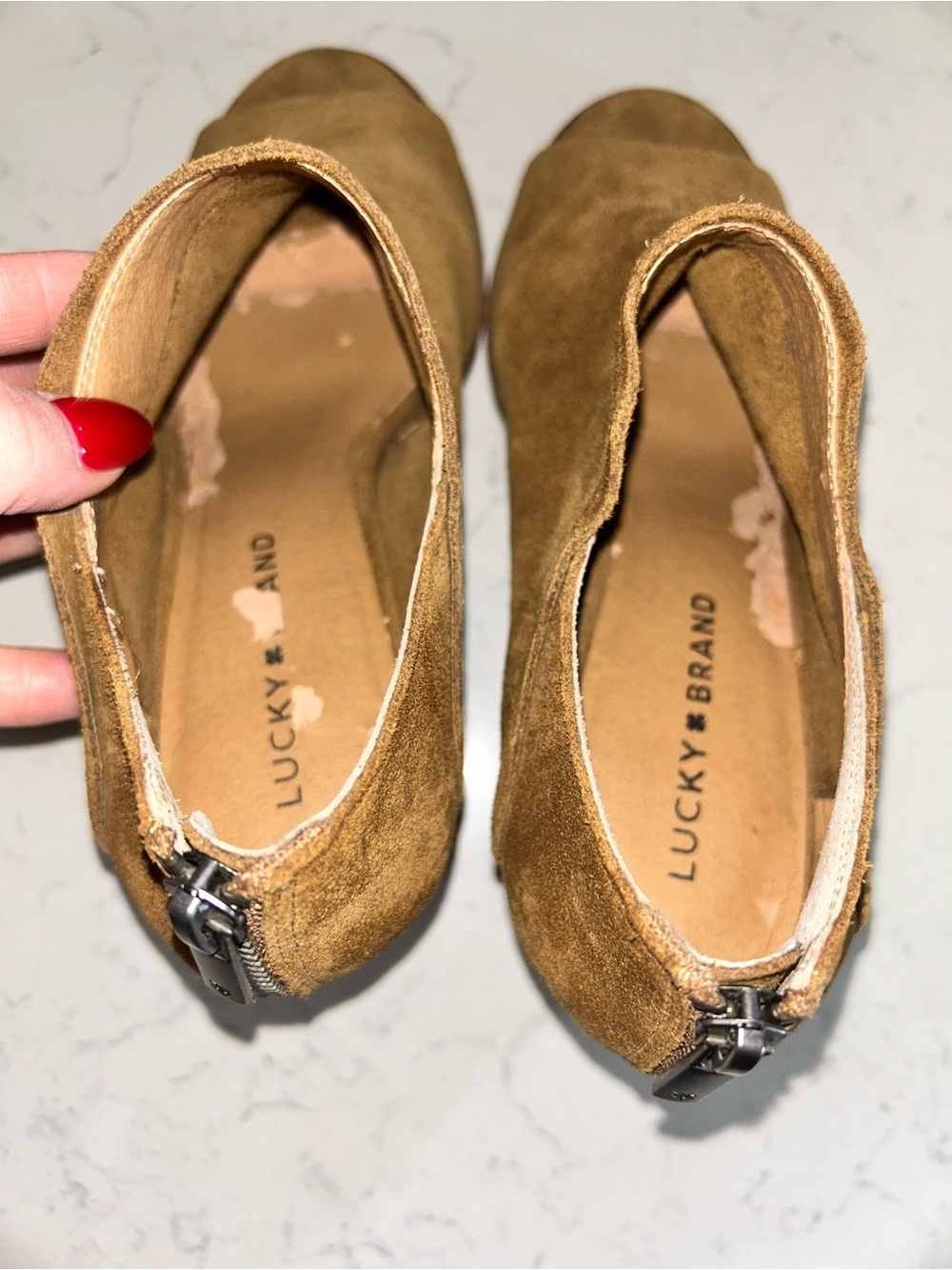 🍀Lucky Brand Kalli Tan Oiled Suede Open-Toe Block Heel Mule Ankle Booties - Picture 11 of 11